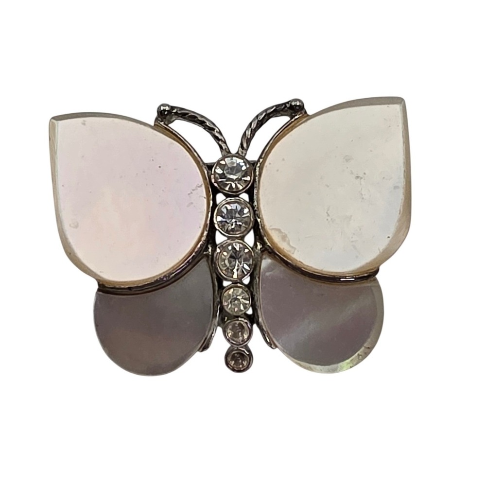 Monet Butterfly Brooch Mother of Pearl Rhinestone Silver Tone Vintage Pin